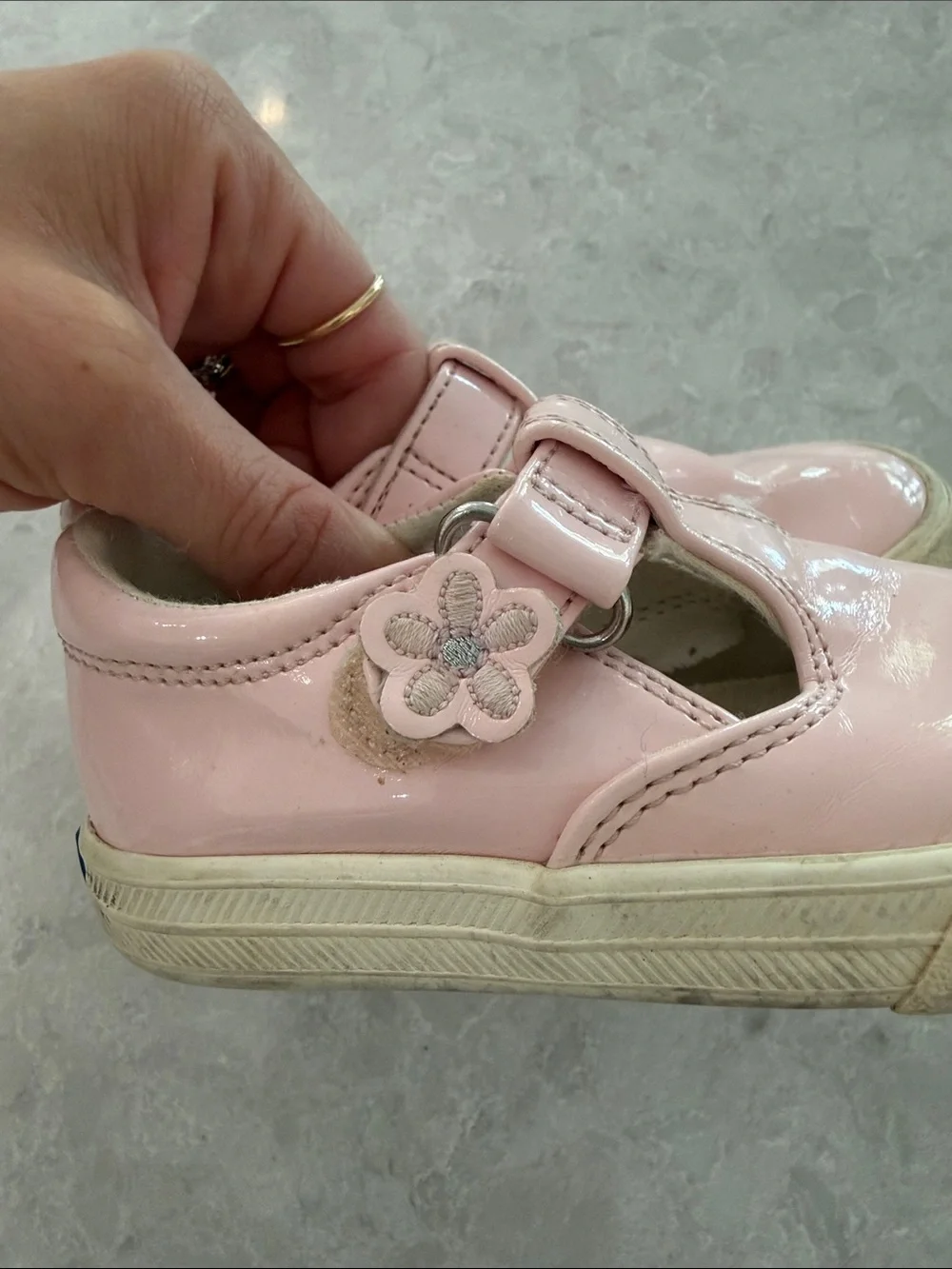 Keds Pink Patent Mary Jane Sneakers with Flower Accent